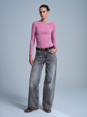 Dilvin 31401 Büzgülü Kayık Yaka Top-Gül