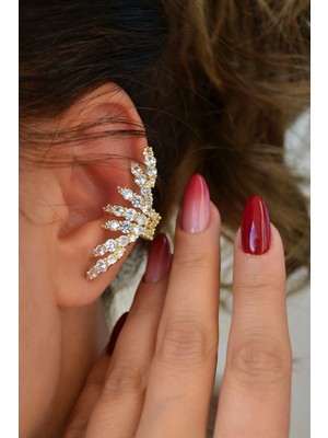 Sacce Scarves & Accessories Gösterişli Taşlı Melek Kanadı Earcuff – Deliksiz Özel Tasarım (14K Gold)