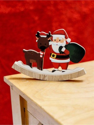 Empressco Renkli Ahşap Noel Baba ve Geyik Dekor, 20X1.6X14 Cm, Yılbaşı Süsleri