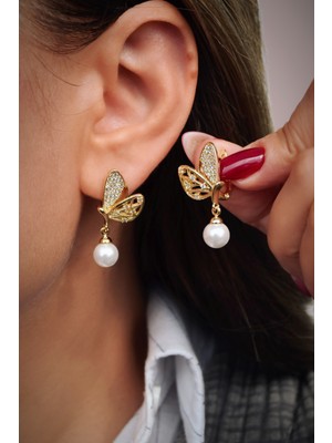 Sacce Scarves & Accessories Zirkon Kelebek Detaylı Incili Küpe – 14K Gold Kaplama Zarif ve Dayanıklı Antialerjik Küpe