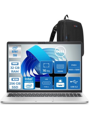 Dell Pro 16 Plus Intel Core Ultra 7 255U 5.2ghz 32GB Ddr5 256GB SSD Freedos Intel® Aı Boost 16 Inç IPS Fullhd+ (1920X1200) Taşınabilir Bilgisayar PB16250BTO105F11 + Zetta Çanta
