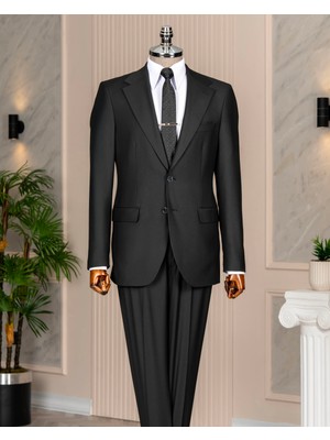 Italyan Stil Slim Fit Mono Yaka Ceket Pantolon Takım Elbise Siyah T14759