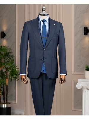 Italyan Stil Slim Fit Sivri Yaka Ceket Pantolon Takım Elbise Lacivert T14909