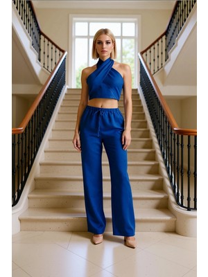 Kadın Alt Üst Keten Görünümlü Dokuma Crop Bluz Geniş Paça Pantolon Takımı Yazlık ve Konfor Bir Arada