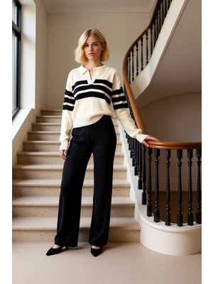 Kadın Alt Üst Çizgili Polo Yaka Triko Kazak ve Geniş Paça Pantolon Takımı Casual Yeniden Tanımlıyor