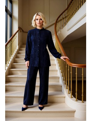 Kadın Alt Üst Piliseli Örme Hakim Yaka Uzun Kol Gömlek Geniş Paça Pantolon Takımı Gün Boyu Konfor