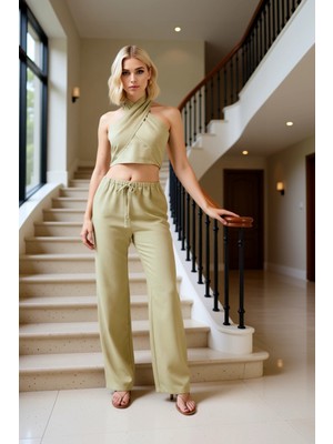 Kadın Alt Üst Keten Görünümlü Dokuma Crop Bluz Geniş Paça Pantolon Takımı Yazlık ve Konfor Bir Arada