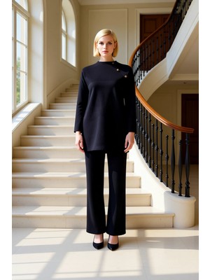 Kadın Alt Üst Düğme Detaylı Fitilli Yaka Uzun Kollu Triko Kazak ve Rahat Geniş Paça Pantolon Takımı