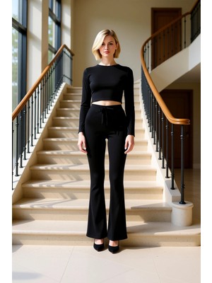 Kadın Alt Üst Düz Renk Fit Kesim Uzun Kollu Crop Üst Rahat Kalıp Geniş Paça Örme Pantolon Takımı