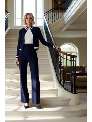 Kadın Alt Üst Fermuarlı Crop Triko Ceket ve Yüksek Bel Geniş Paça Triko Pantolon Seti