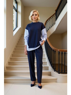 Kadın Alt Üst Oversize Rahat Kesim Örme Sweatshirt ve Geniş Paça Eşofman Takım Çizgili Dokuma Kumaş