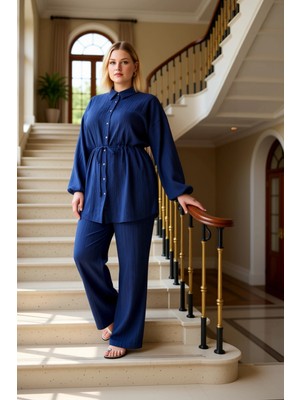 Kadın Alt Üst Dokuma Kumaş Lastik Kemer Detaylı Gömlek Pantolon Takım Geniş Paça Rahat Kalıp Zarif