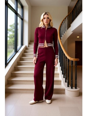 Kadın Alt Üst Fermuarlı Crop Triko Ceket ve Yüksek Bel Geniş Paça Triko Pantolon Seti