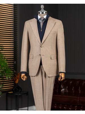 Italyan Stil Slim Fit Mono Yaka Ceket Pantolon Takım Elbise Bej T14764
