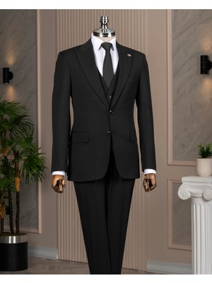 İtalyan stil slim fit sivri yaka ceket yelek pantolon takım elbise siyah T14861