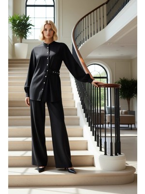 Kadın Alt Üst Kemer Toka Detaylı Viskoz Polyester Karışımı Dokuma Alt Üst Takım Günlük Şıklık Spor