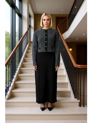 Kadın Alt Üst Uzun Kol Regular Kalıp Triko Elbise Hırka Takımı Kalp Düğme Detaylı Pike Jakar Dokuma