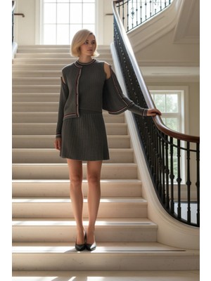 Yumuşak Dokulu Premium Iplik Detaylı Özel Ribanalı Triko Hırka Bluz Etek Takımı Kadın Alt Üst Spor