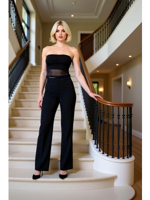 Kadın Alt Üst Straplez Tül Detaylı Bluz ve Yüksek Bel Düz Kesim Pantolon Takımı Gece Kombini Spor