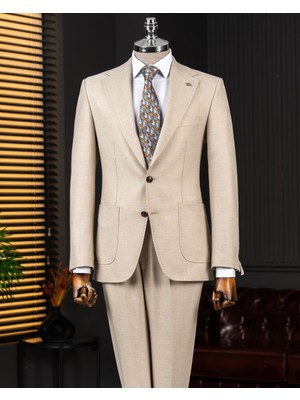 Italyan Stil Slim Fit Sivri Yaka Ceket Pantolon Takım Elbise Bej T14910