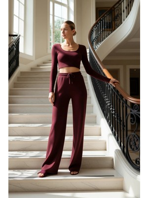 Kadın Alt Üst Koyu Yumoş Örme Crop ve Geniş Paça Pantolon Takım Fonksiyonel Dayanıklı Kaliteli Şık