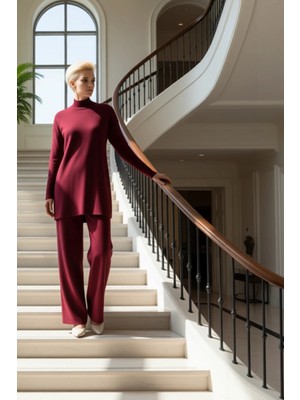 Kadın Alt Üst Yüksek Yaka Uzun Kollu Triko Tunik Yırtmaç Geniş Paça Pantolon Ikili Takım Günlük