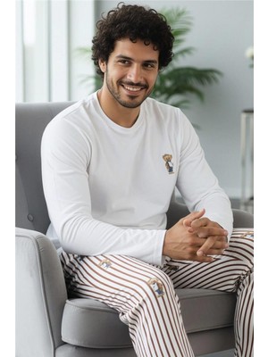 Beyaz Bear Desenli Stylish Erkek Uzun Kol Pijama Takımı