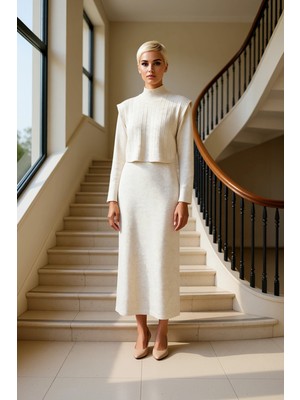 Kadın Alt Üst Dik Yaka Fitilli Crop Süveter Uzun Kollu Düz Kesim Midi Boy Triko Elbise Ikili Takım