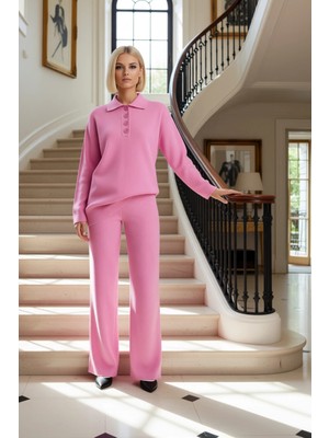 Kadın Alt Üst Polo Yaka Fitilli Triko Kazak Geniş Paça Pantolon Takım Günlük Şıklık ve Konfor Spor