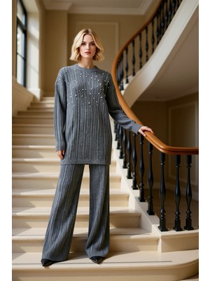 Incili Regular Kesim Ribana Kaşkorse Düz Triko Tesettür Alt Üst Takım Kadın Alt Üst ve Rahat Giyim