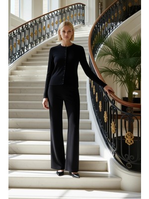 Kadın Alt Üst Wardrobe Essentials Merserize Görünümlü Triko Hırka Pantolon Takımı Rahat Kombinler