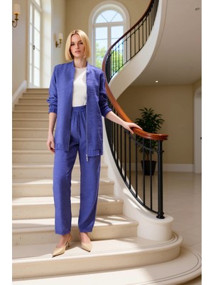 Kadın Alt Üst Keten Görünümlü Dokuma Fermuarlı Üst ve Rahat Kesim Pantolon Takımı Ilkbahar Sonbahar