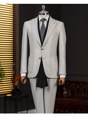 Italyan Stil Slim Fit Sivri Yaka Ceket Pantolon Takım Elbise Gri T14911