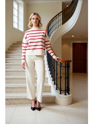 Kadın Alt Üst Çizgili Oversize Dik Yaka Triko Kazak Pantolon Ikili Takım Kış Günleri Konforlu Bir