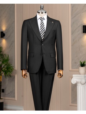 Italyan Stil Slim Fit Sivri Yaka Ceket Pantolon Takım Elbise Siyah T14758