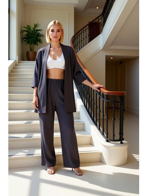 Kadın Alt Üst Konforlu Şık Relaxed Fit Örme Kimono Ceket ve Geniş Paça Pantolon Ikili Takım