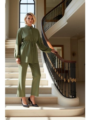 Kadın Alt Üst Dokuma Kumaş Lastik Kemer Detaylı Gömlek Pantolon Takım Geniş Paça Rahat Kalıp Zarif