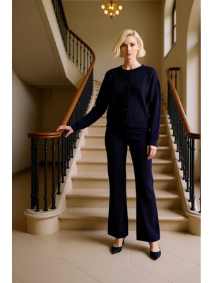 Kadın Alt Üst Yumuşak Dokulu Saç Örgü Desenli Düğmeli Hırka  Düz Kesim Triko Pantolon Alt Üst Takım