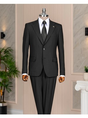 Italyan Stil Slim Fit 4 Drop Çizgili Ceket Pantolon Takım Elbise Siyah T14410