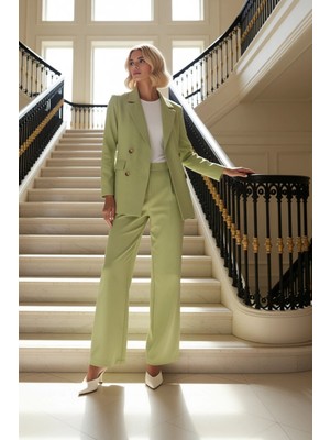 Kadın Alt Üst Zamansız Sunan Keten Dokulu Rahat Kalıp Blazer Ceket ve Geniş Paça Pantolon Takımı