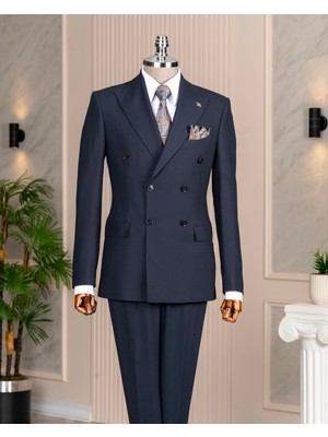 Italyan Stil Slim Fit Kruvaze Ceket Pantolon Takım Elbise Lacivert T14737