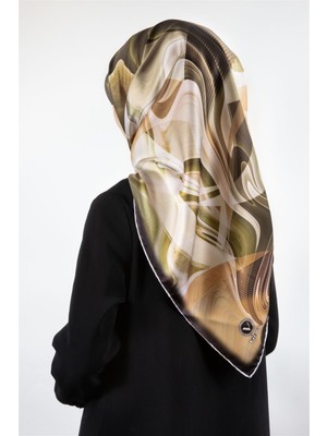 Violla Twill Soyut Dalga Desenli Haki Renkli 90X90 Eşarp (Ipek Içermez) Dikim Şekli : El Dikişi