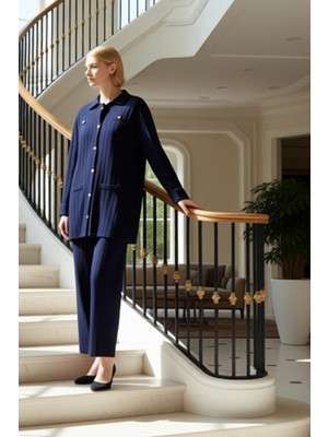 Kadın Alt Üst Fitilli Triko Takım Polo Yaka Hırka ve Geniş Paça Pantolon Ikili Kombin Seti Rahat