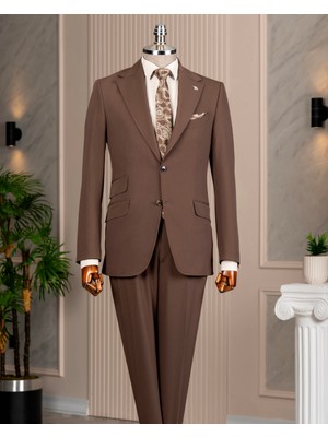 Italyan Stil Slim Fit Mono Yaka Ceket Pantolon Takım Elbise Kahverengi T14747