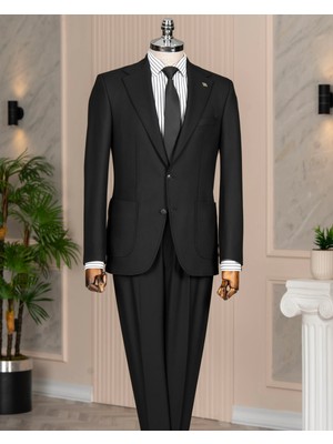Italyan Stil Slim Fit Sivri Yaka Ceket Pantolon Takım Elbise Siyah T14913