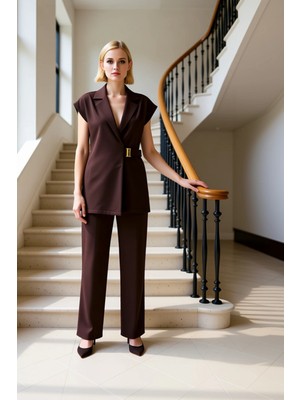 Kadın Alt Üst Kolsuz Blazer Yelek Geniş Paça Pantolon Takımı Modern Rahat Günlük Ofis Kombinleri