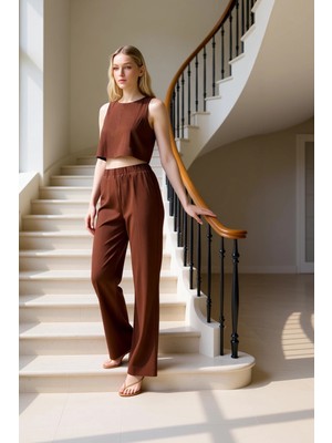 Kadın Alt Üst Dokulu Crop Bluz ve Yüksek Bel Geniş Paça Pantolon Ikili Takım Yaz Günleri Dayanıklı