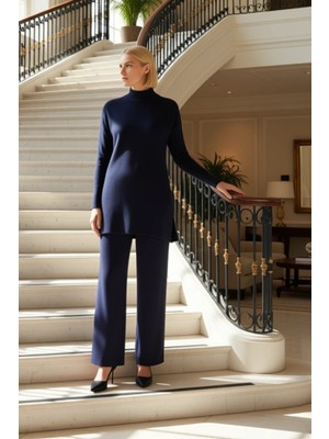 Kadın Alt Üst Yüksek Yaka Uzun Kollu Triko Tunik Yırtmaç Geniş Paça Pantolon Ikili Takım Günlük