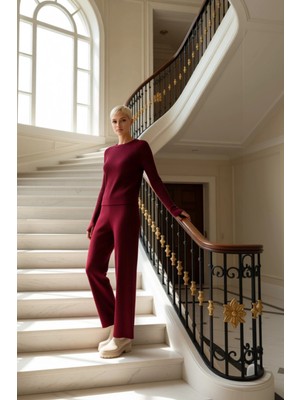 Kadın Alt Üst Fitilli Triko Alt Üst Takım Parmak Detaylı Uzun Kollu Bisiklet Yaka Konforlu Kombin