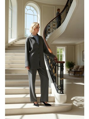 Kadın Alt Üst Rahat Kesim Düşük Kol Polo Yaka Triko Gömlek Yüksek Bel Geniş Paça Pantolon Takımı